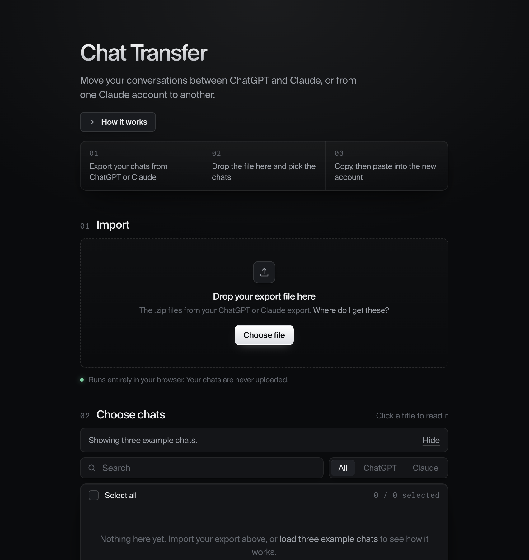 Chat Transfer landing state: title, three-step strip, and the import drop zone