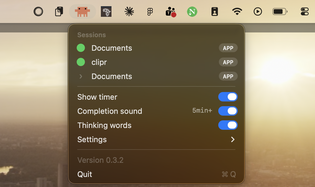 Claude Beacon menu showing options, animations and color settings