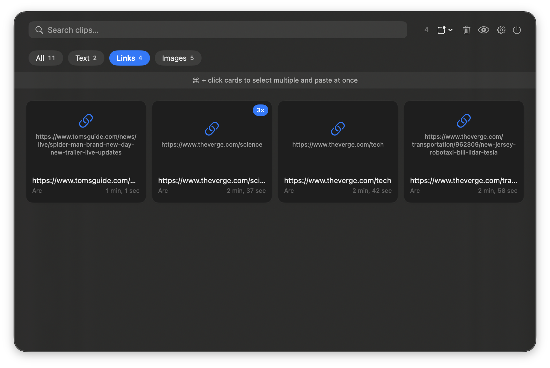 Clipr links filter view
