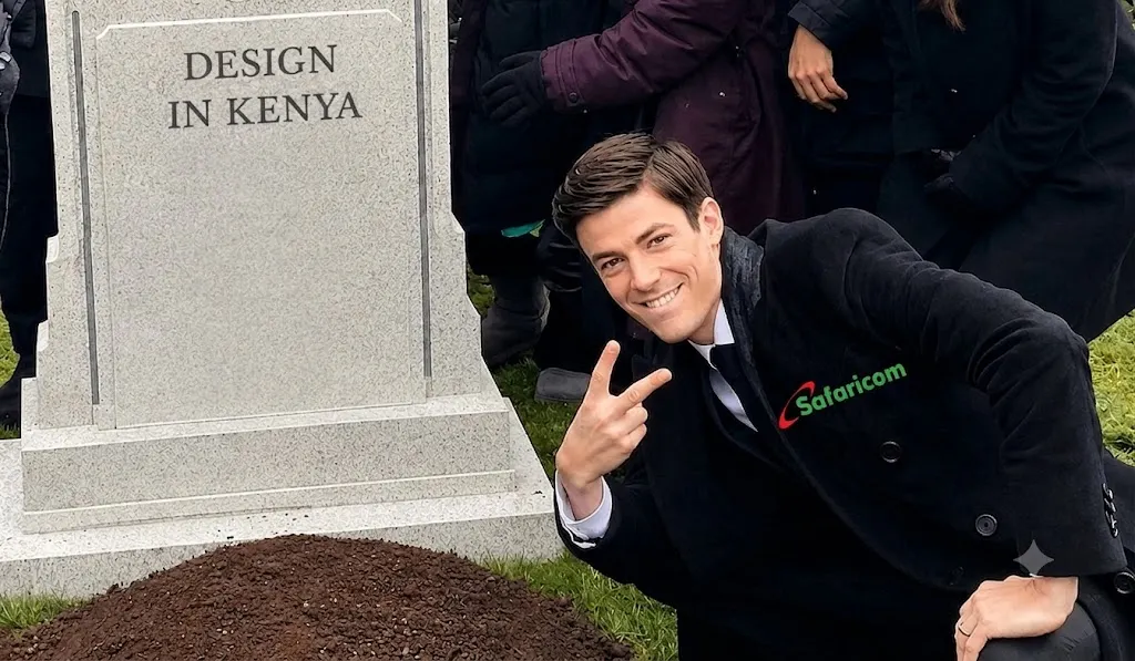 A man in a Safaricom-branded blazer flashing a peace sign next to a gravestone reading DESIGN IN KENYA