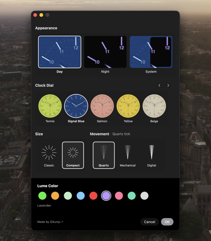 Dial companion settings app, picking the Signal Blue dial and Lavender lume