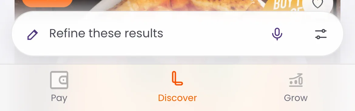 The bottom of the screen after results: a single bar reading Refine these results, with a mic and a quick-filters toggle, above the tab bar