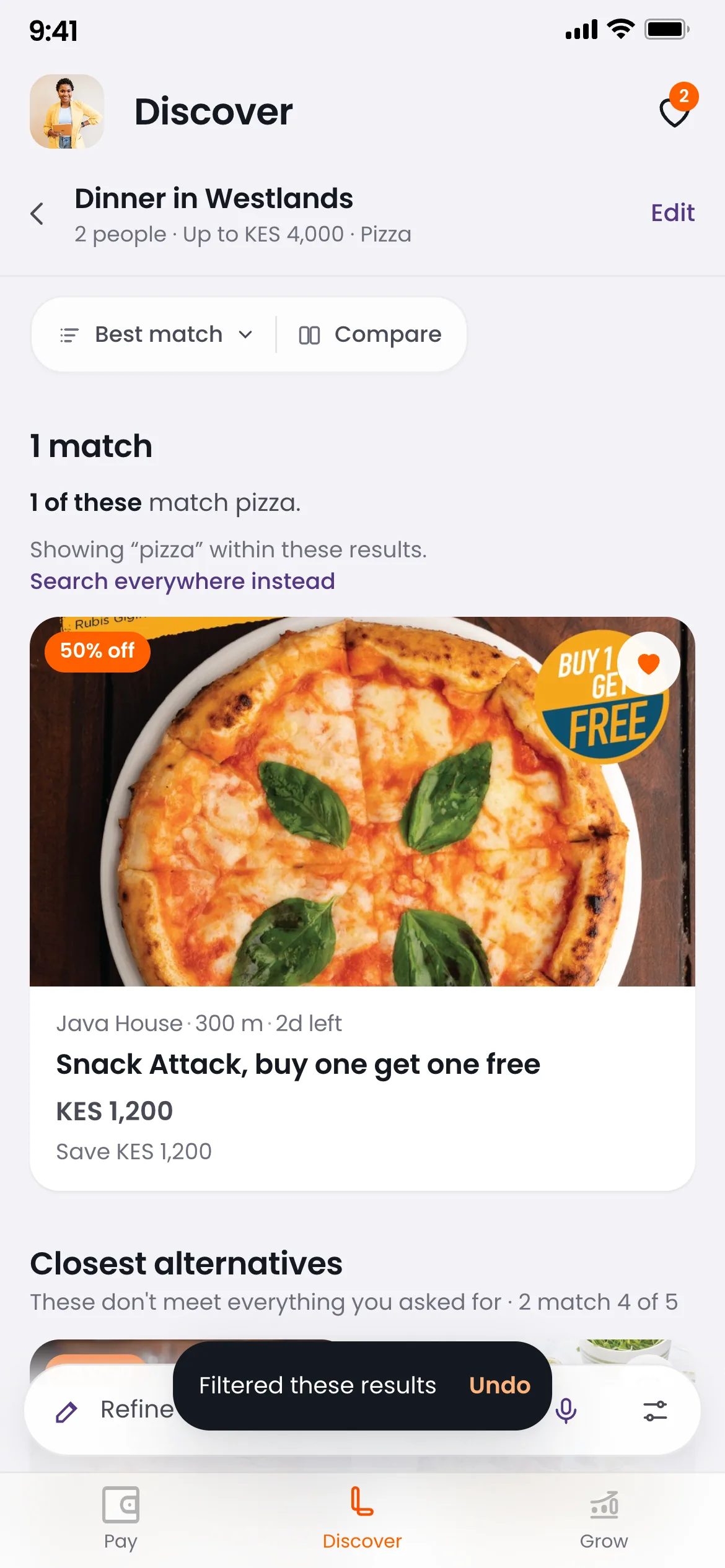 Typing pizza filters the current results; the option to search everywhere is one line