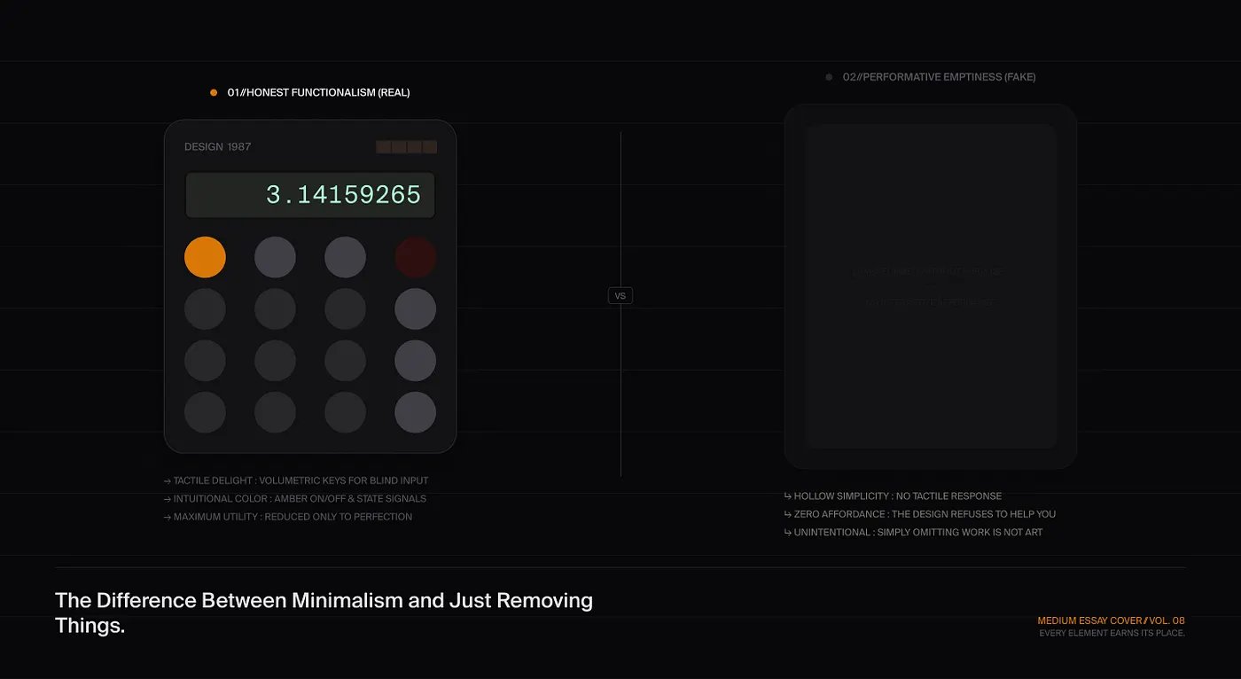 A comparison diagram: Honest Functionalism (Real), a tactile calculator with volumetric keys and intuitional color, versus Performative Emptiness (Fake), a blank panel with no tactile response or affordance
