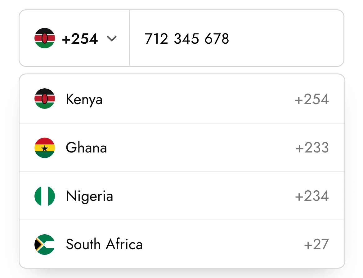 The phone field with the country-code list open: Kenya +254, Ghana +233, Nigeria +234, South Africa +27