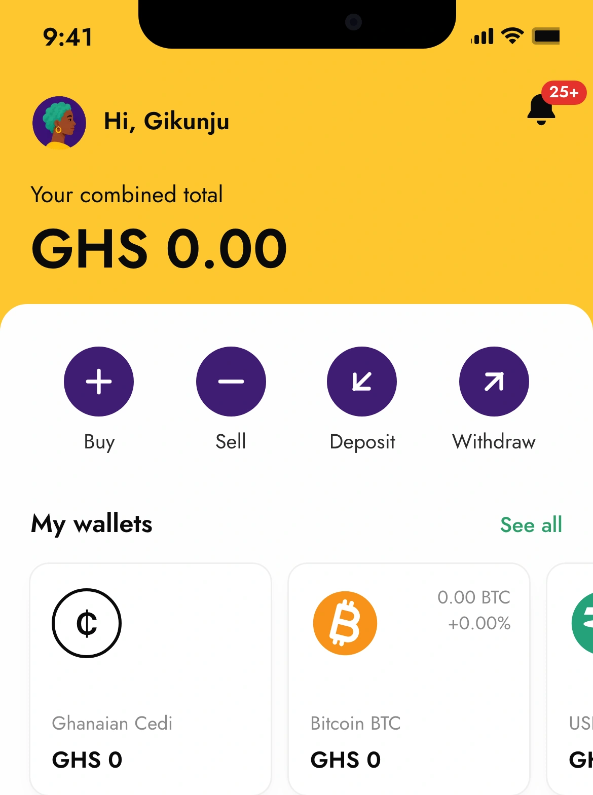 The home screen after a Ghanaian sign-up: GHS 0.00 and a Ghanaian Cedi wallet
