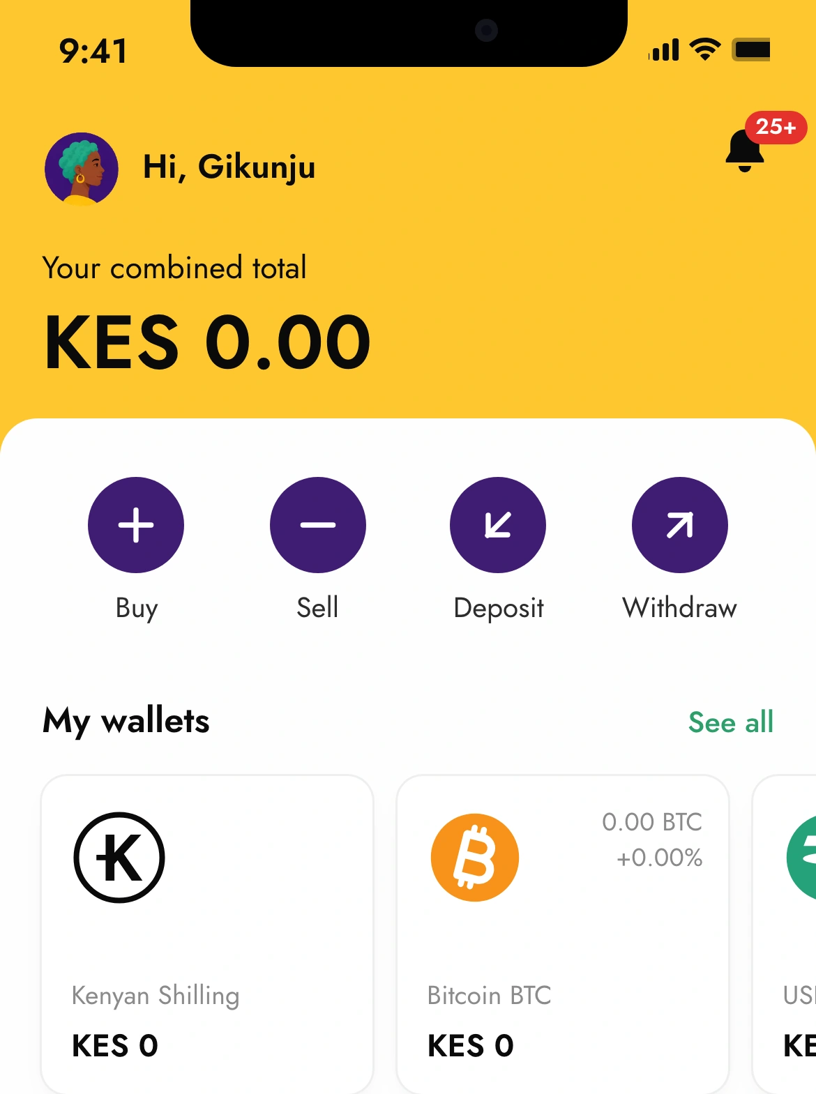 The home screen after a Kenyan sign-up: KES 0.00 and a Kenyan Shilling wallet