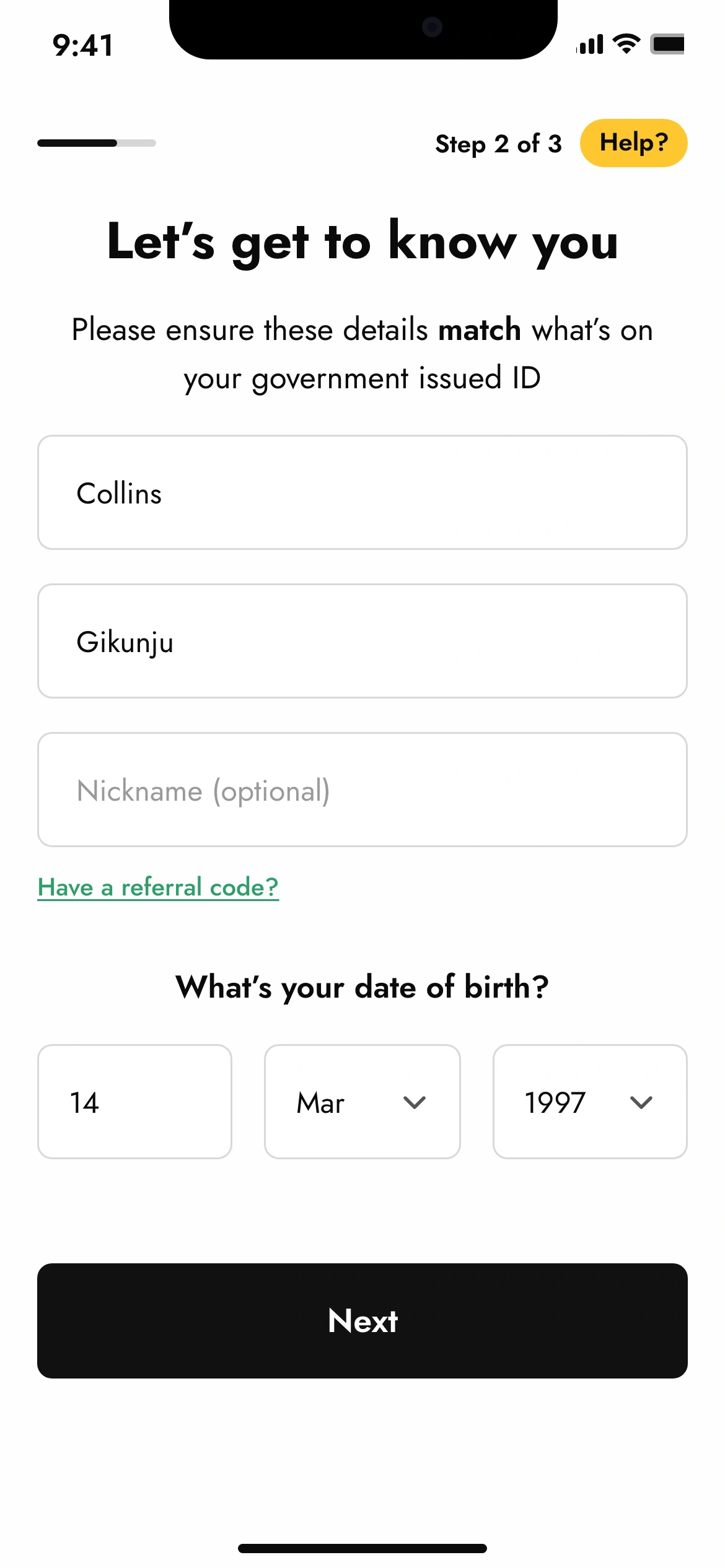 Step 2 of 3: Let's get to know you, with Collins, Gikunju, an empty optional nickname, a referral link, and a date of birth of 14 March 1997; Next is enabled