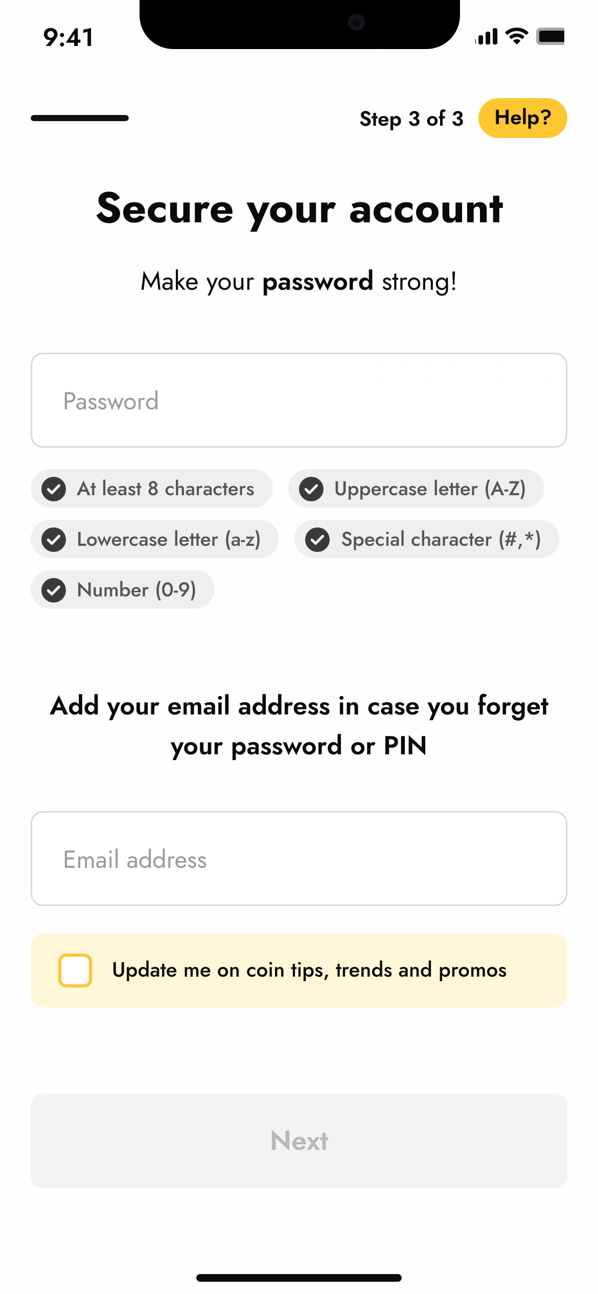 Step 3 of 3, empty: Secure your account, Make your password strong, the password field, five grey rule chips, the email explanation, the email field, and the promo opt-in unchecked