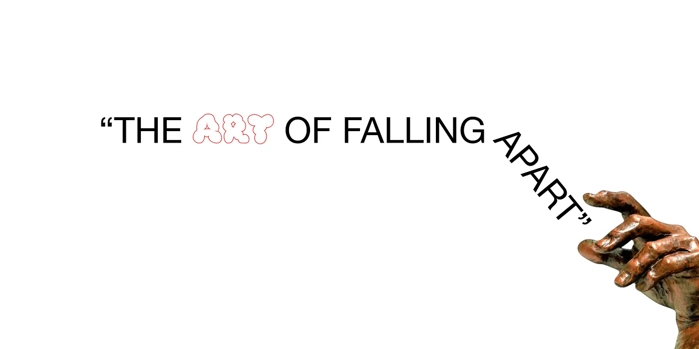 The words 'THE ART OF FALLING APART' with ART in a bubble outline font, next to a bronze sculpted hand reaching down