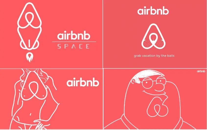 A grid of four hand-drawn Airbnb logo parody redesigns on a coral background