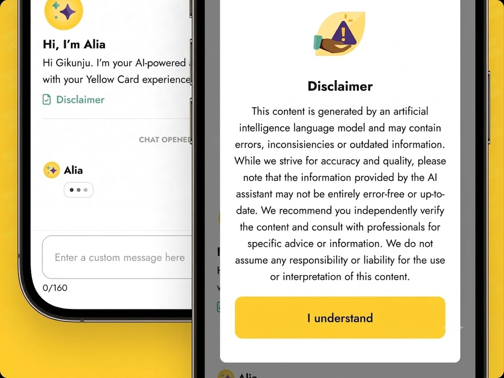 Alia disclaimer modal explaining AI-generated content limitations
