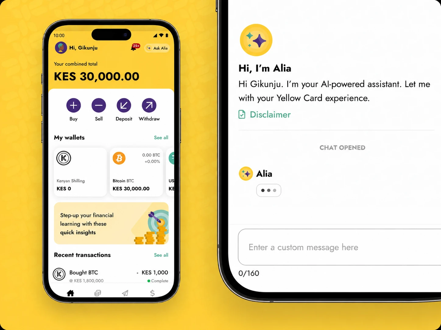 Yellowcard home screen and Alia AI assistant introduction screen