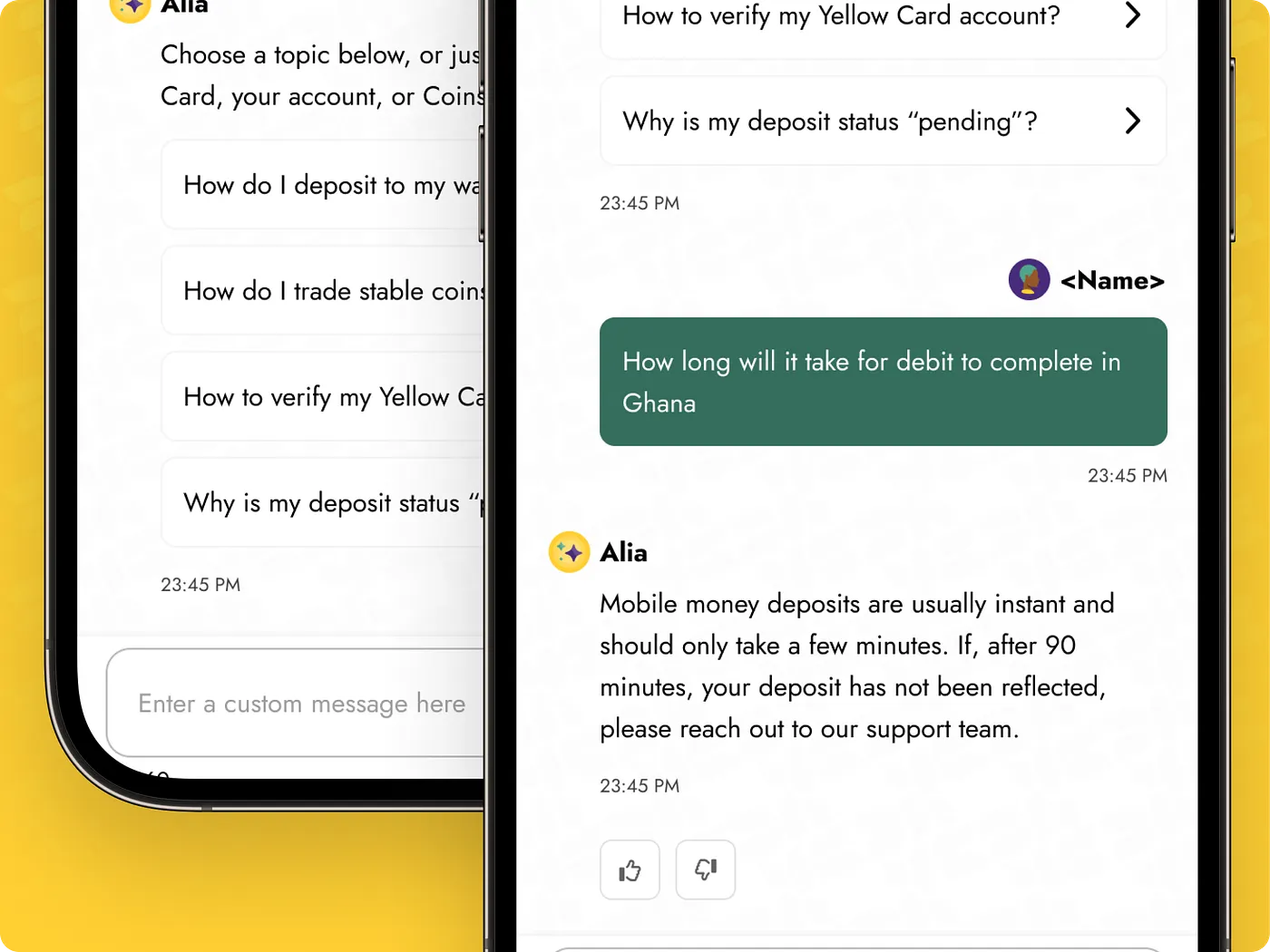 Alia answering a question about Ghana mobile money deposits with thumbs feedback