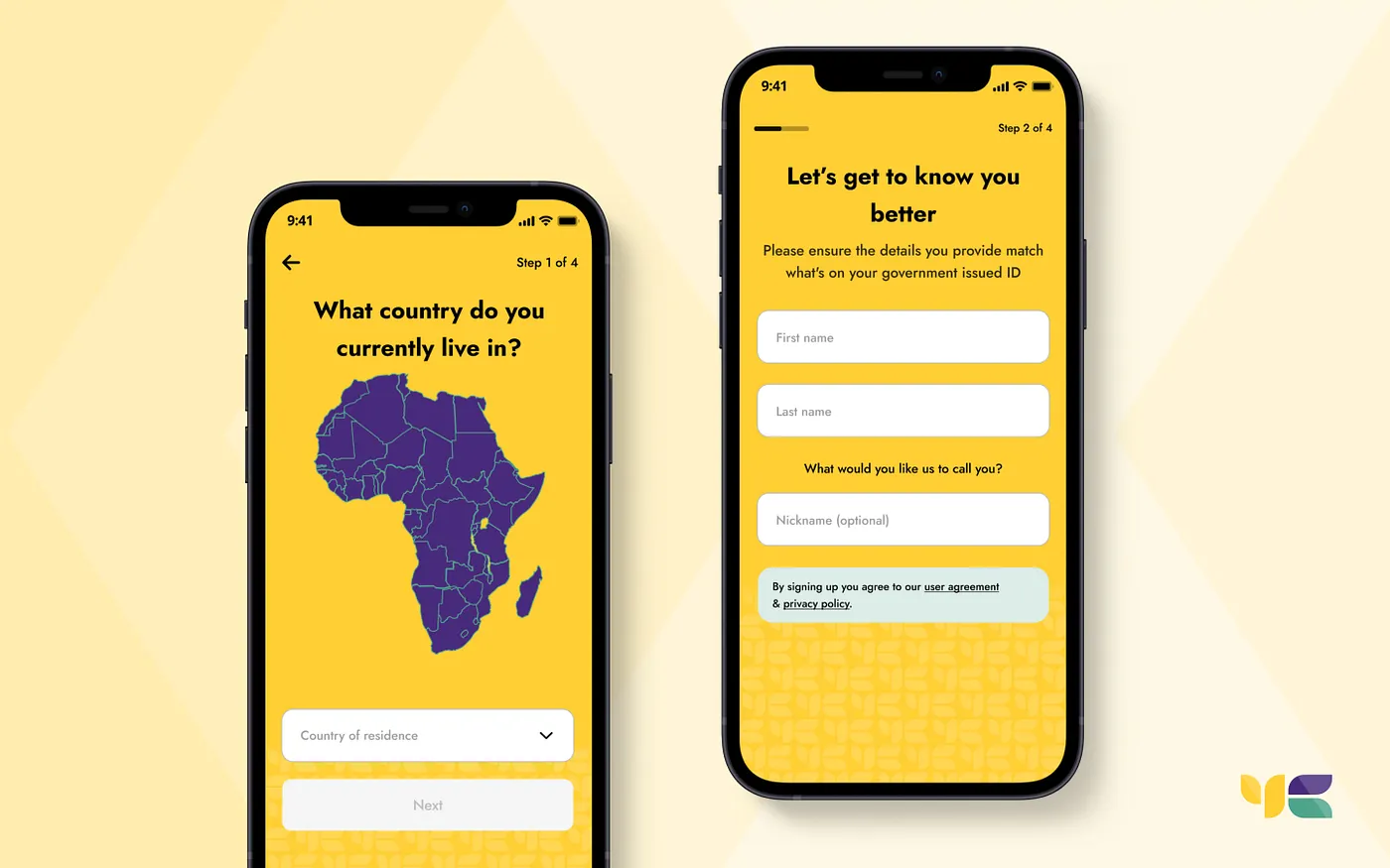 Yellowcard onboarding KYC flow: country selection and personal details screens
