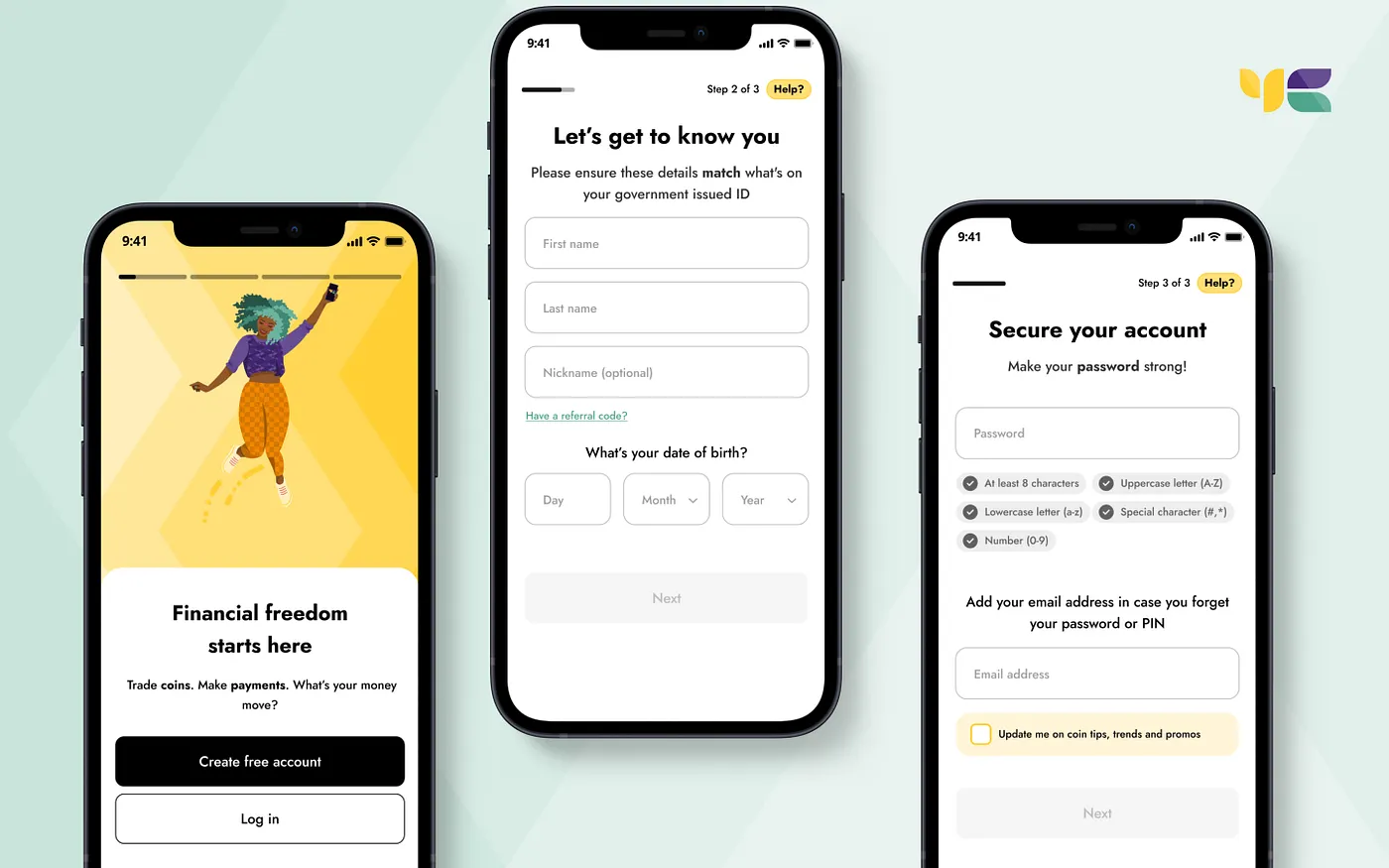 New Yellowcard sign-up flow: splash screen, personal info, and password creation